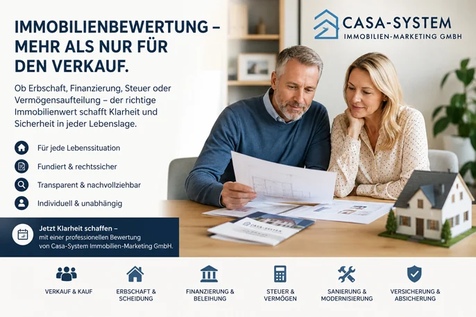 Infografik: Immobilienbewertung – mehr als nur für den Verkauf. Anlässe: Verkauf und Kauf, Erbschaft und Scheidung, Finanzierung und Beleihung, Steuer und Vermögen, Sanierung und Modernisierung, Versicherung und Absicherung